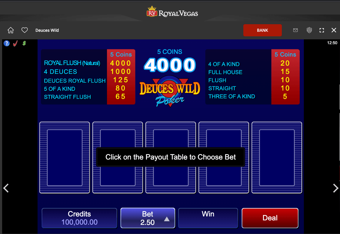 Deuces Wild Poker paytable 